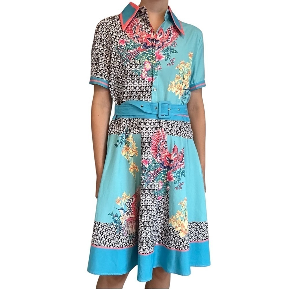 Dalia Macphee Knee Length Dress Floral Colorful Feminine Blue Boho Size Large